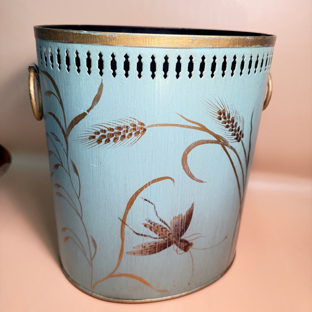 Vintage Hand Painted Metal Wastebasket Blue Gold Wheat Grasshopper Nature Decor